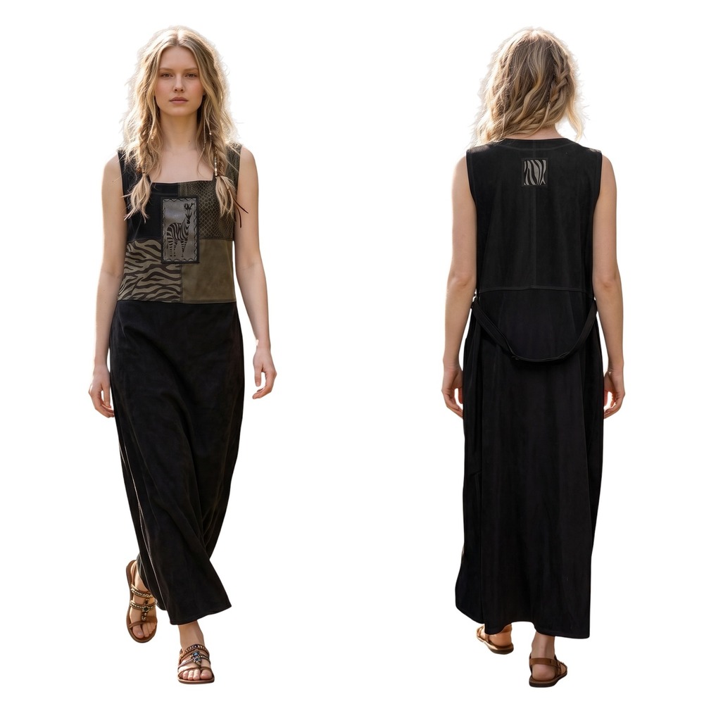 Vintage Maxi Jumper Dress Boho Womens 1X Black Animal Print Patchwork Suede Slit